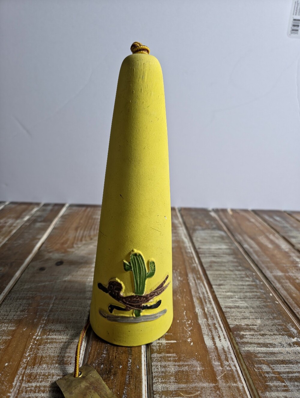 Yellow Decorative Ceramic Cone Bell - Home Accent Wind Chime. Road Runner Cactus